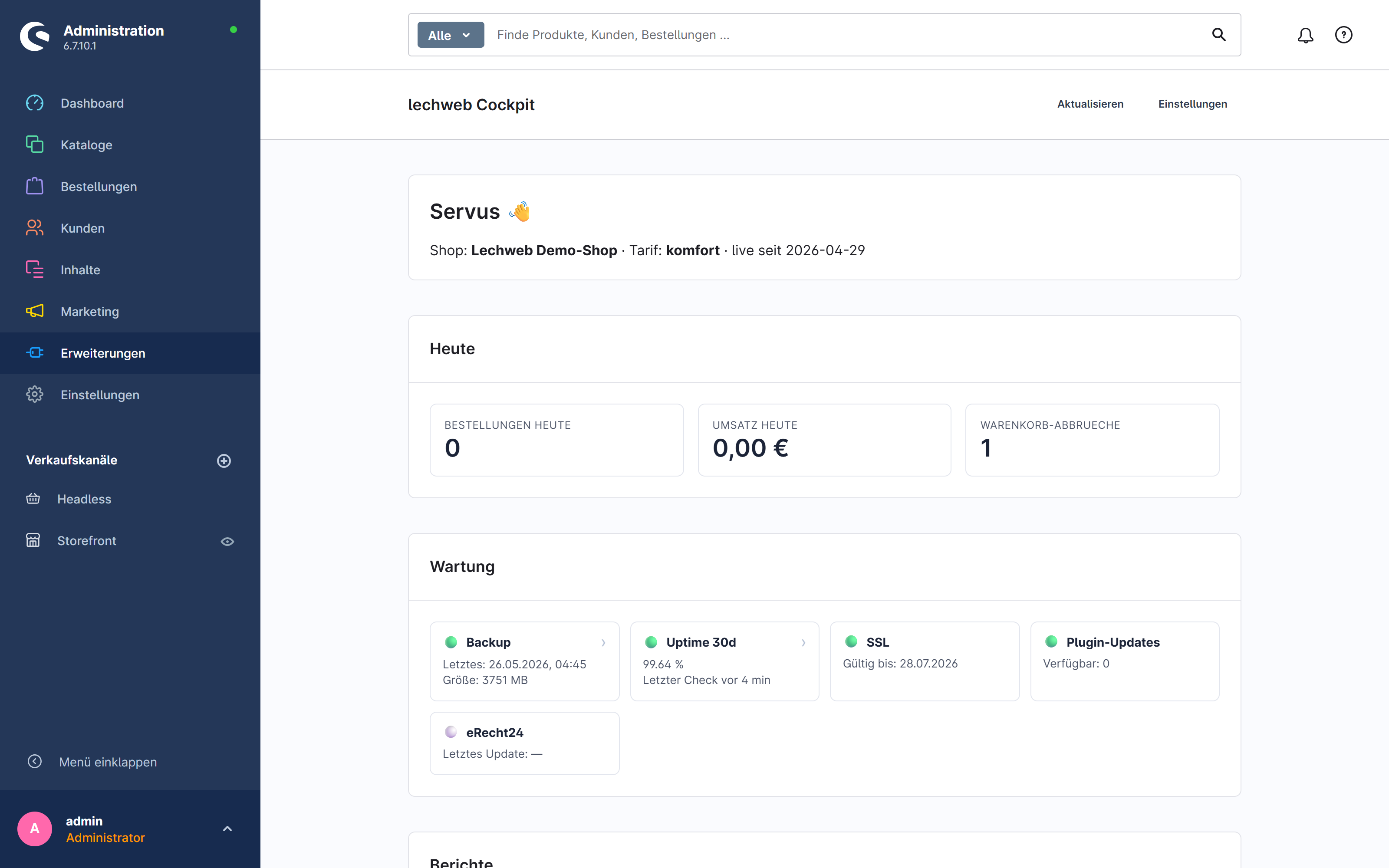 Das lechweb Wartungs-Cockpit im Shopware-Admin: Heute-Übersicht, Wartungs-Kacheln für Backup, Uptime, SSL und Updates