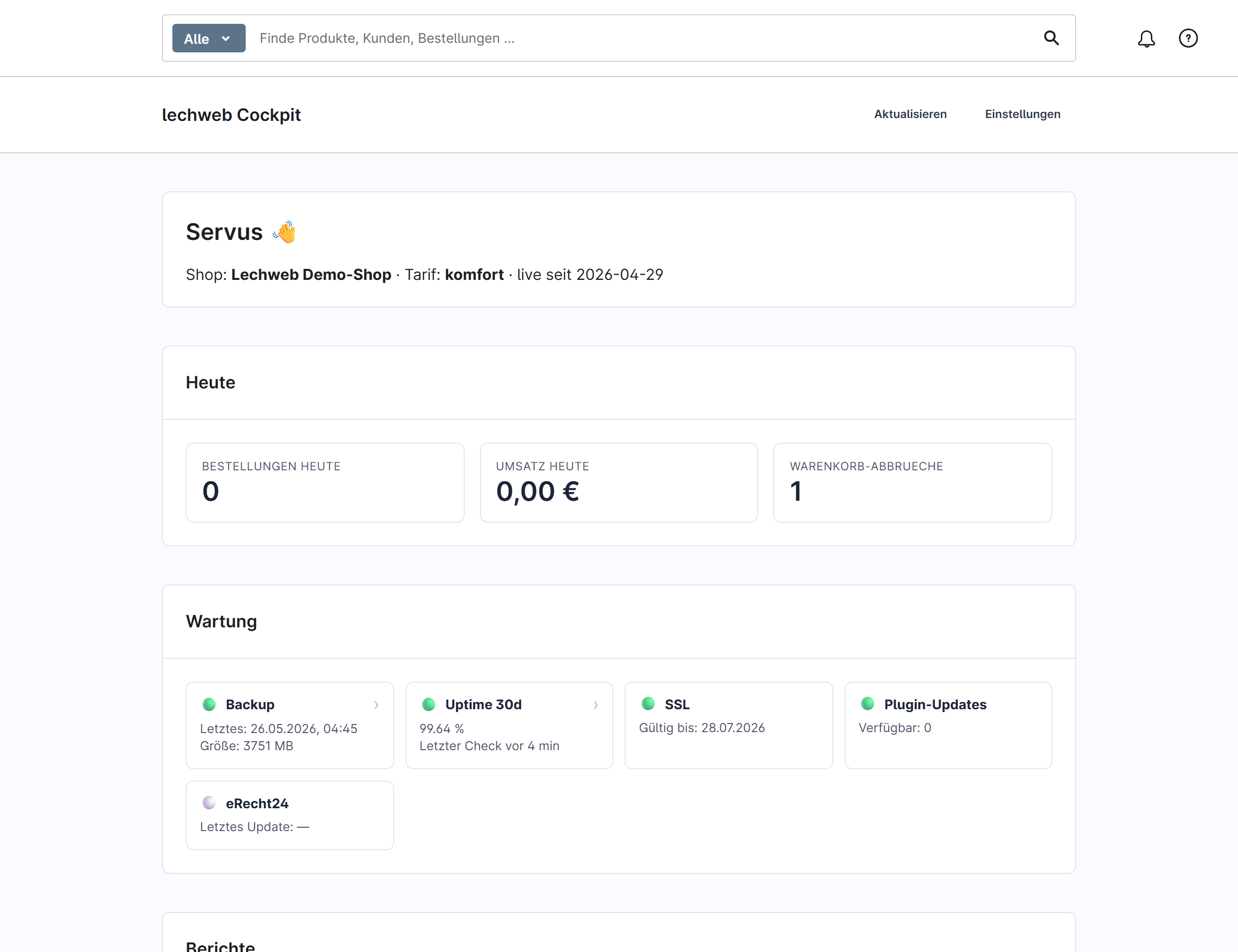 Das lechweb Wartungs-Cockpit im Shopware-Admin mit Heute-Übersicht und Wartungs-Kacheln