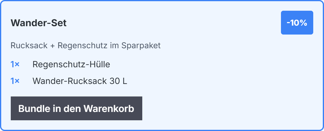 Manuell gepflegtes Bundle „Wander-Set“ mit 10 % Rabatt und 1-Klick-In-den-Warenkorb auf demo.lechweb.de