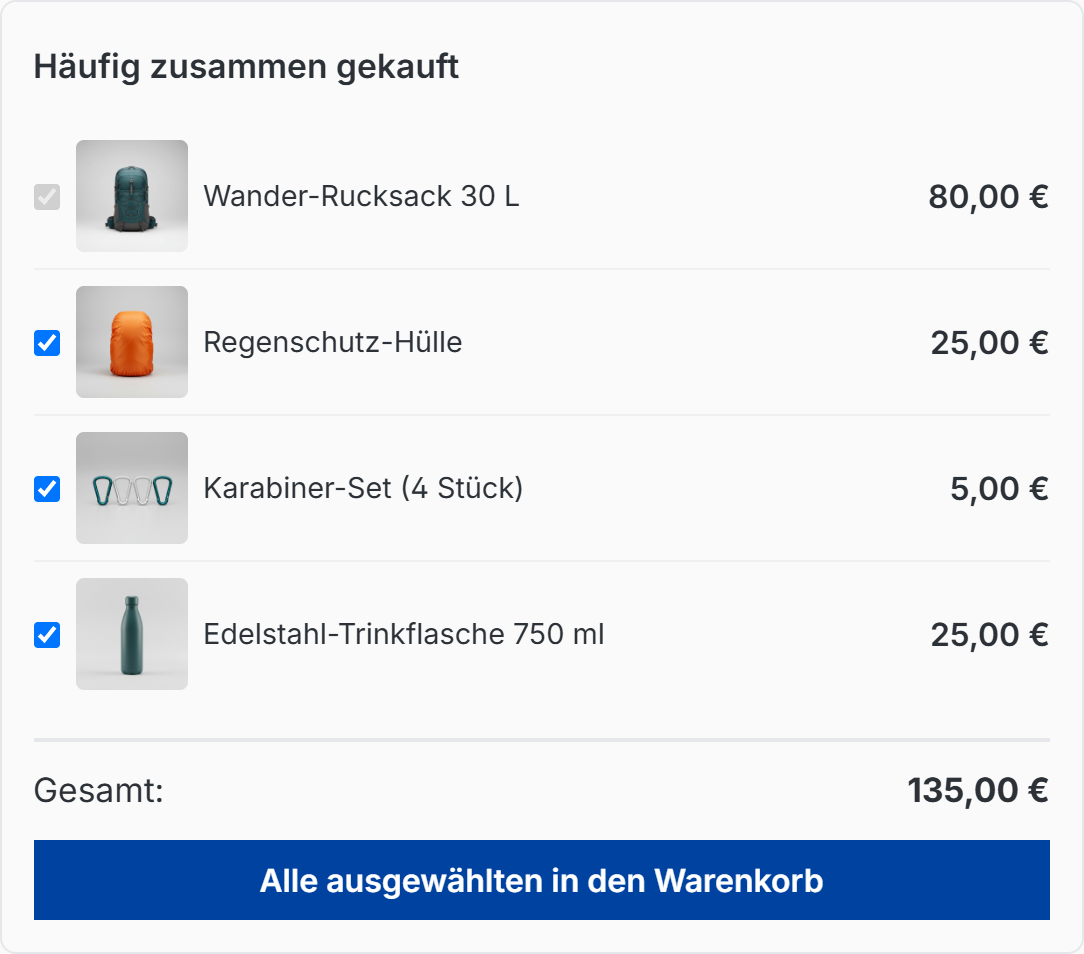 FBT-Box „Häufig zusammen gekauft“ auf einer Produktseite von demo.lechweb.de mit vier vorausgewählten Produkten und Gesamtpreis