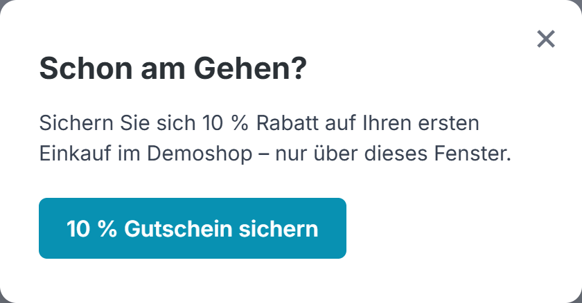 Exit-Intent-Popup auf demo.lechweb.de: „Schon am Gehen?“ mit 10 % Rabatt-Angebot und Call-to-Action
