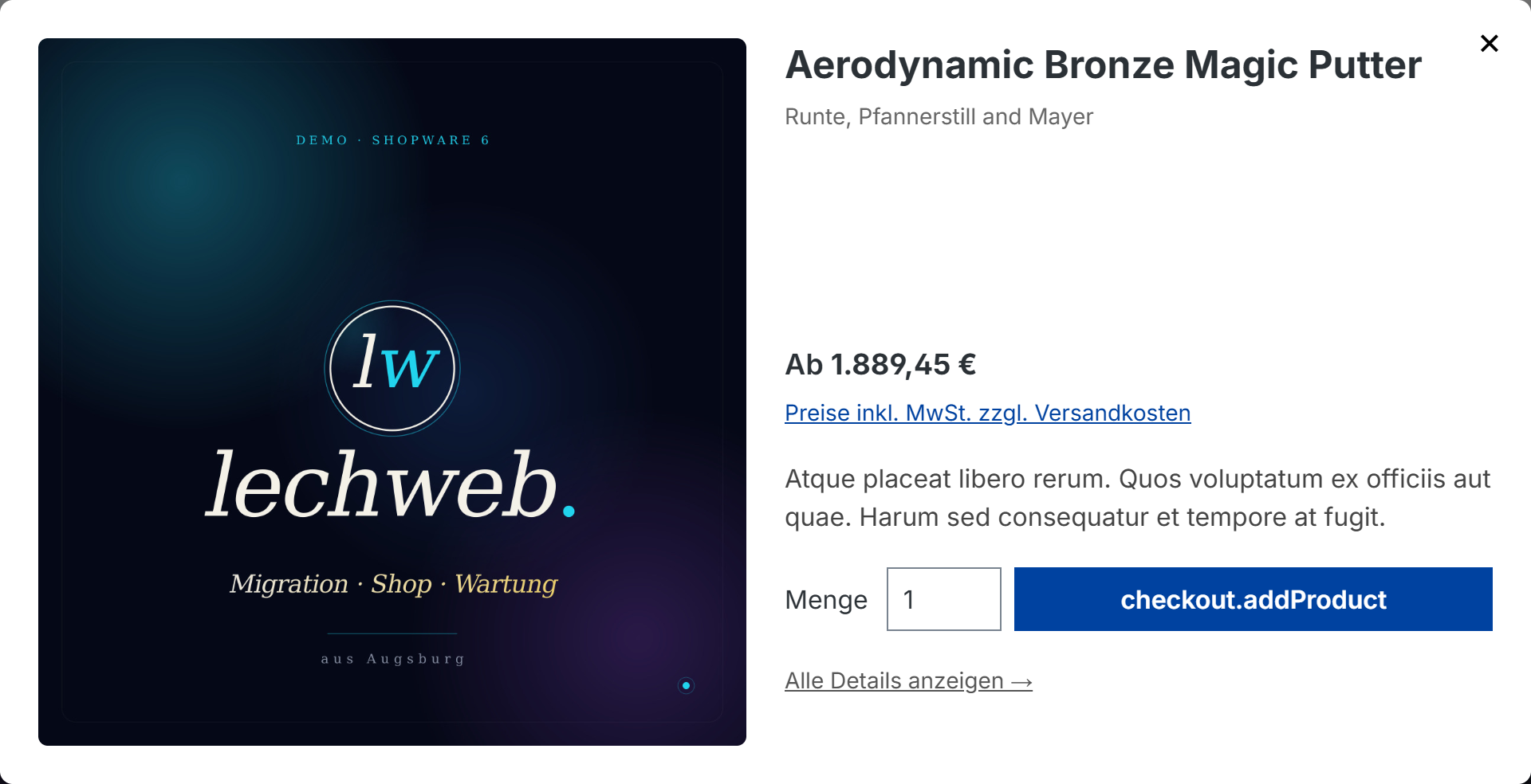 Schnellansicht-Modal auf demo.lechweb.de mit Produktbild, Preis, Mengenwähler und „In den Warenkorb“-Button