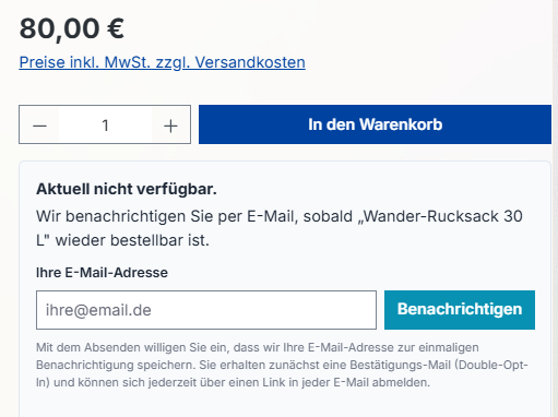 Ausverkaufte Produktseite auf demo.lechweb.de mit „Aktuell nicht verfügbar“ und Benachrichtigungs-Formular per E-Mail
