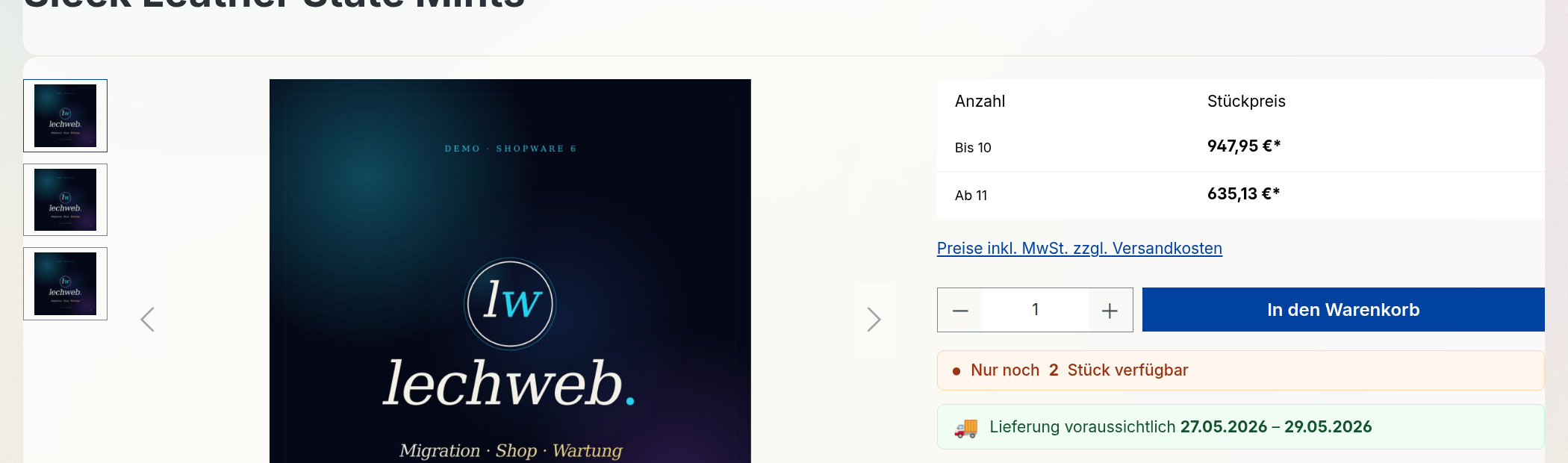 Produktseite auf demo.lechweb.de: das Buy-Widget zeigt „Nur noch 2 Stück verfügbar“ als Verknappungs-Hinweis