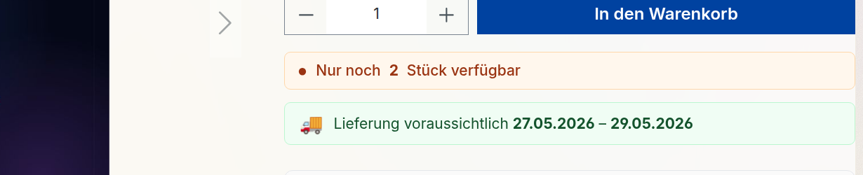 Warenkorb-Button auf demo.lechweb.de mit grünem Liefertermin-Hinweis darunter